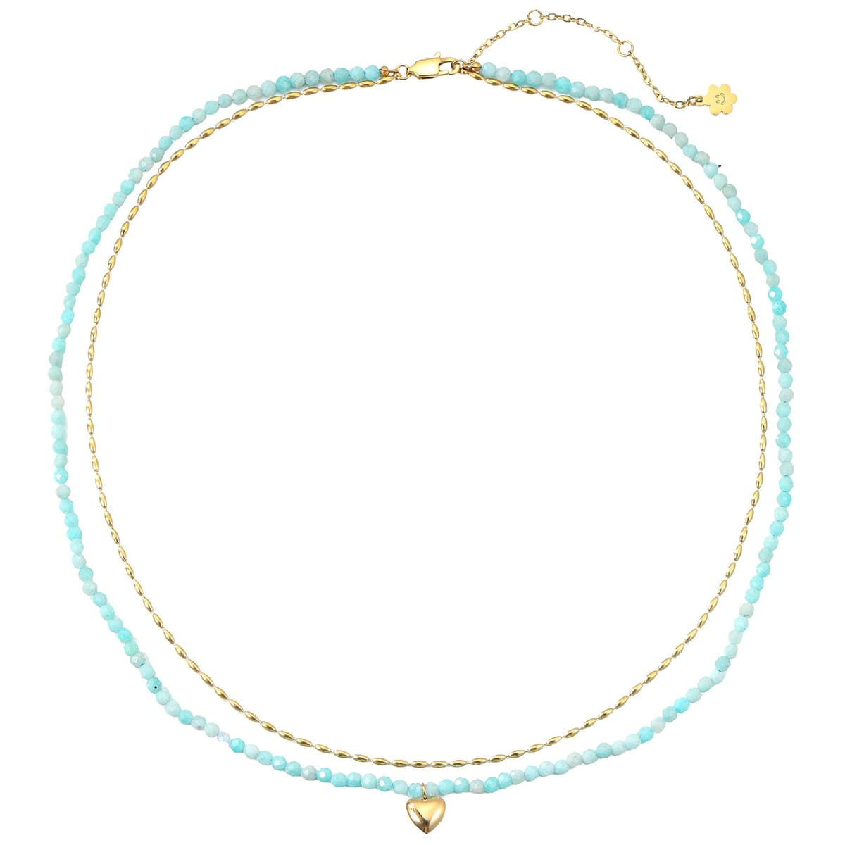 Aquamarine Heart Charm Layered Bead Necklace Waterproof