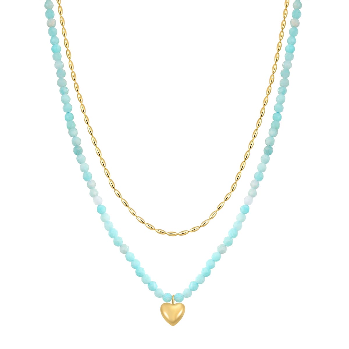 Aquamarine Heart Charm Layered Bead Necklace Waterproof