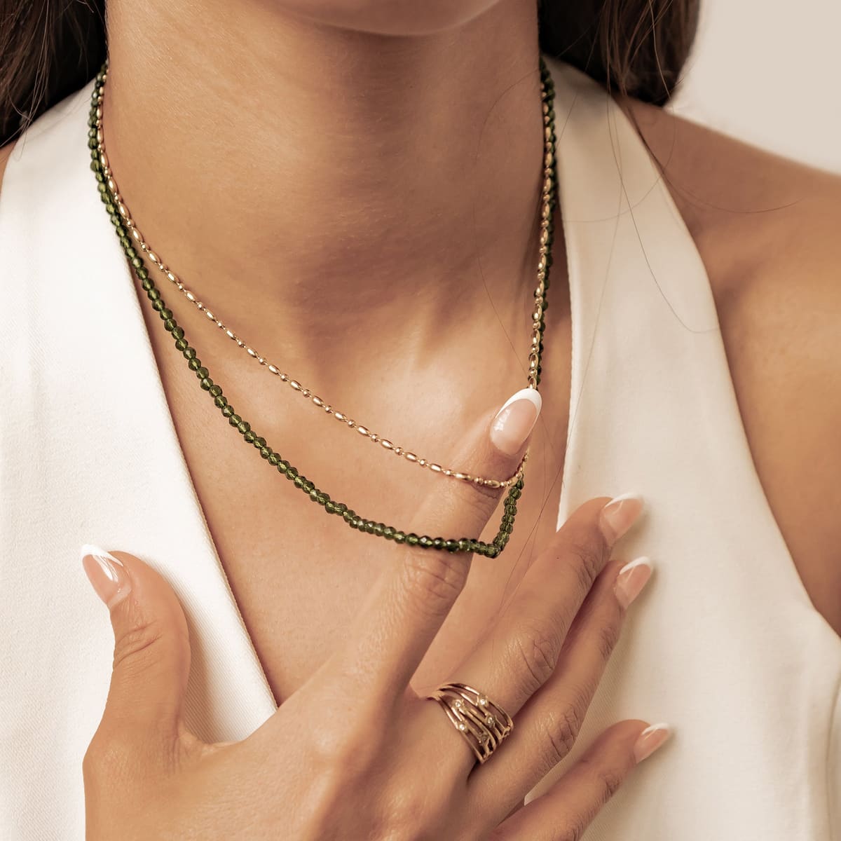 Emerald Green Layered Bead Necklace Waterproof