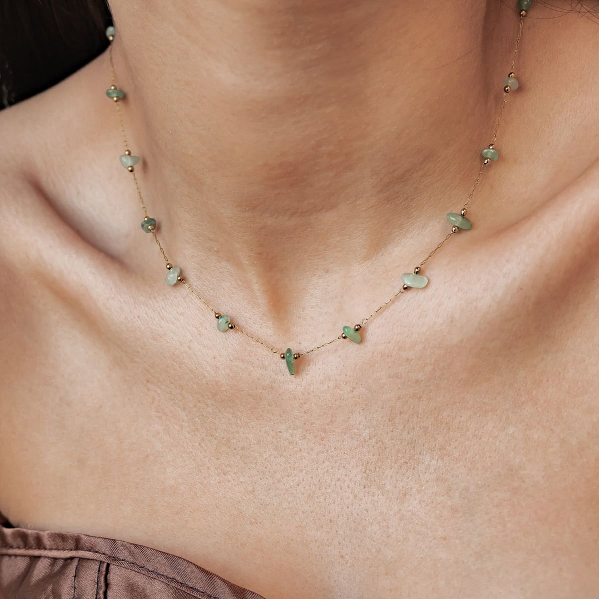Green Stone Bead Necklace Waterproof