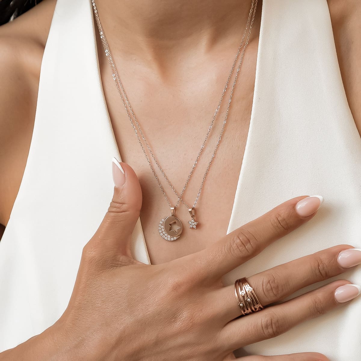 Interlocking Star & Moon Necklace Set Waterproof