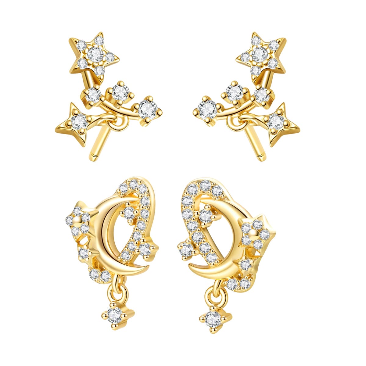 Sparkling Moon & Star Earring Set Sterling Silver