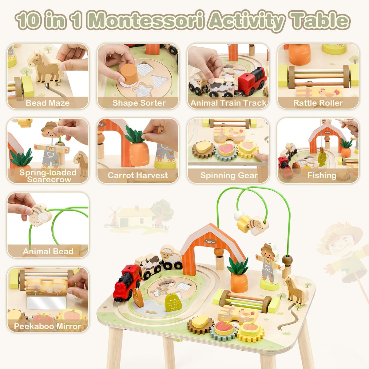 10-in-1 Farm Activity Table for Toddlers - Montessori Wooden Sensory Toy