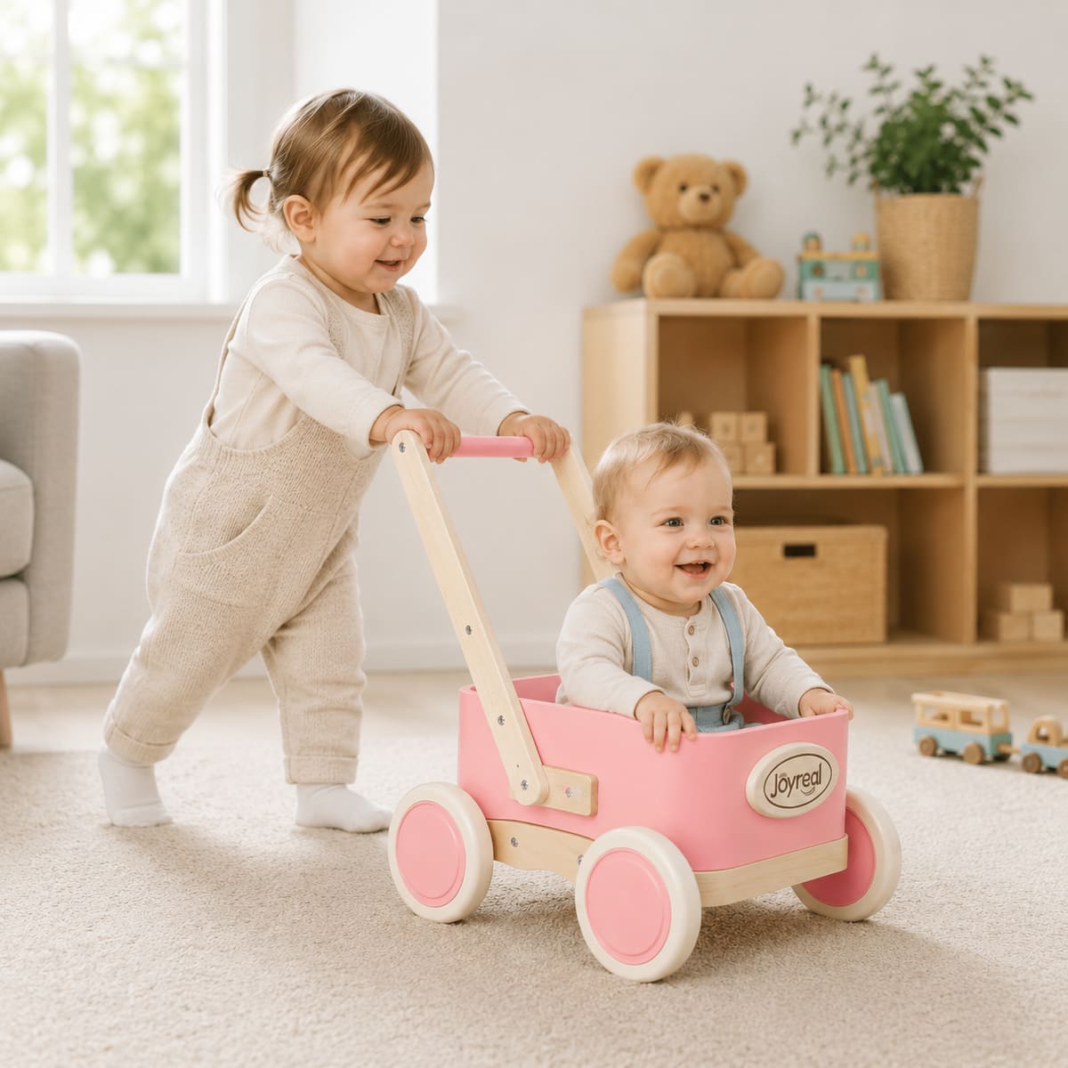 2-in-1 Wooden Baby Walker Wagon for Toddlers