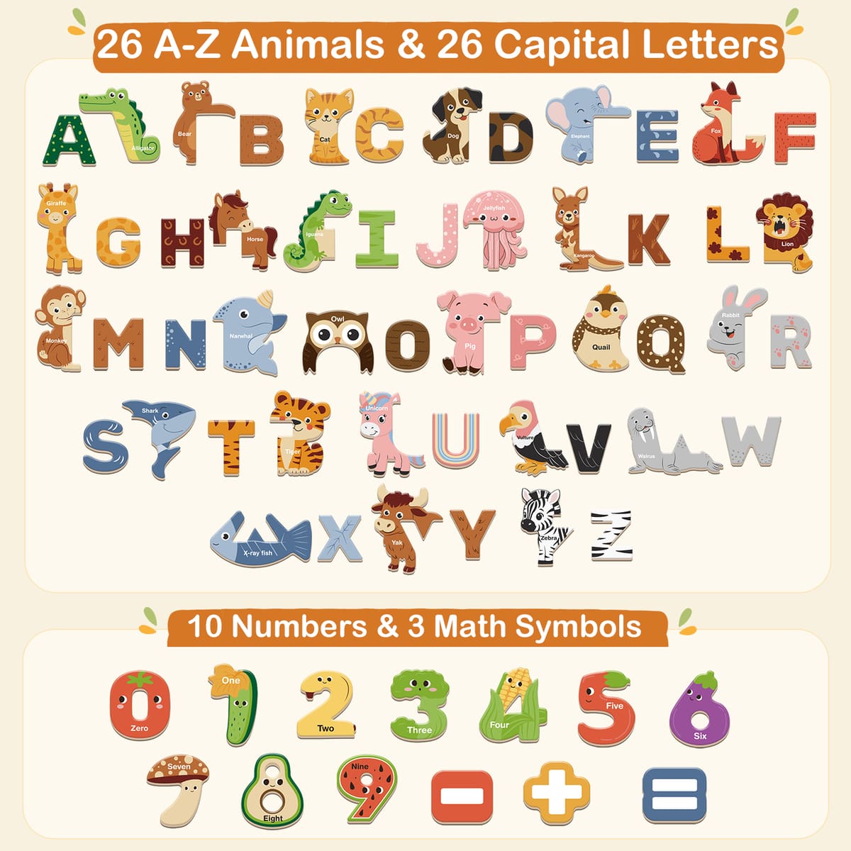 Animal Alphabet Magnets Toys, Wooden 65PCS Deluxe Letter Learning Set for Toddlers