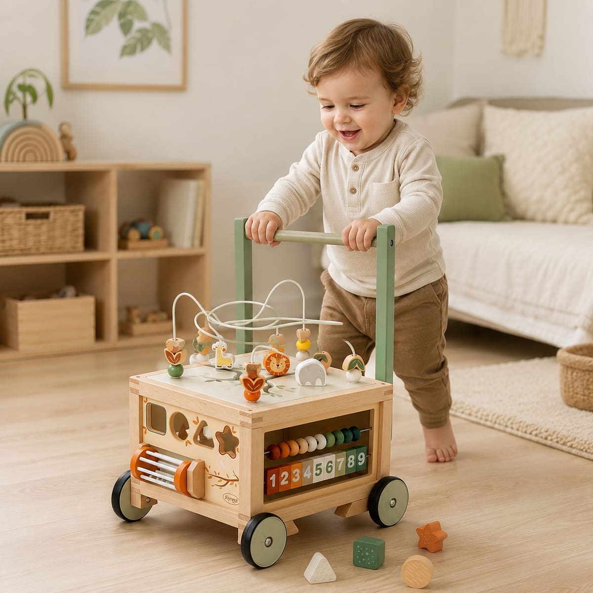 Baby Push Walker with Storage Bin, Wooden Deluxe 9-in-1 Pusher for Toddlers