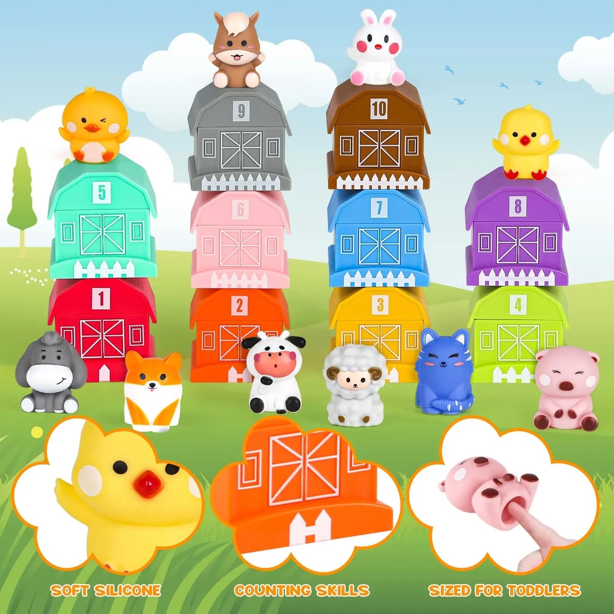 Farm Animal Stacking Toy with Finger Puppets for Toddlers 1-3