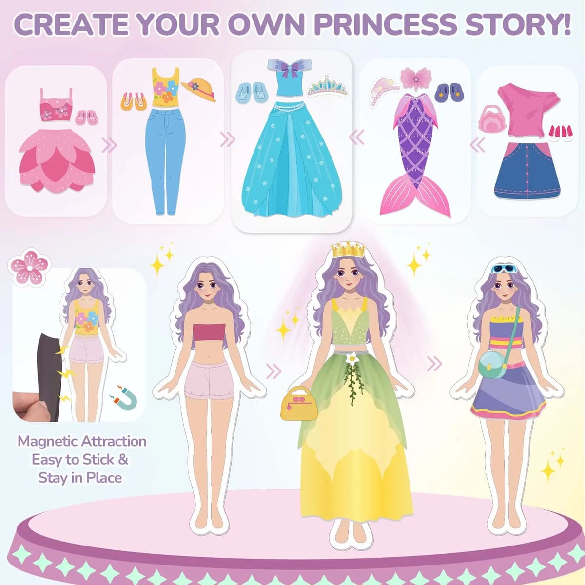 Magnetic Dress Up Dolls Set for Girls - 42PCS Princess & Mermaid Kit