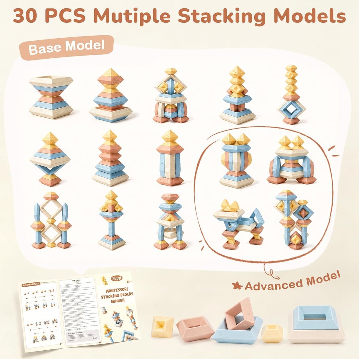 Toddler Montessori Stacking Blocks, 30PCS Nesting Blocks for Ages 1-3