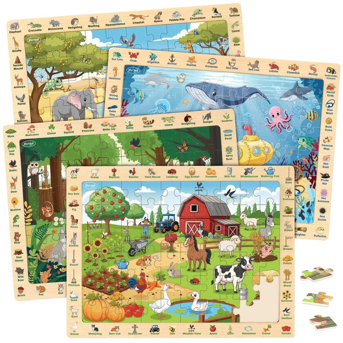 Wooden Animal Puzzles for Kids 3-6 | 4 x 60-Piece Search & Find Puzzles