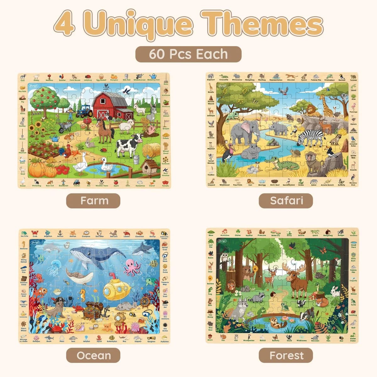 Wooden Animal Puzzles for Kids 3-6 | 4 x 60-Piece Search & Find Puzzles