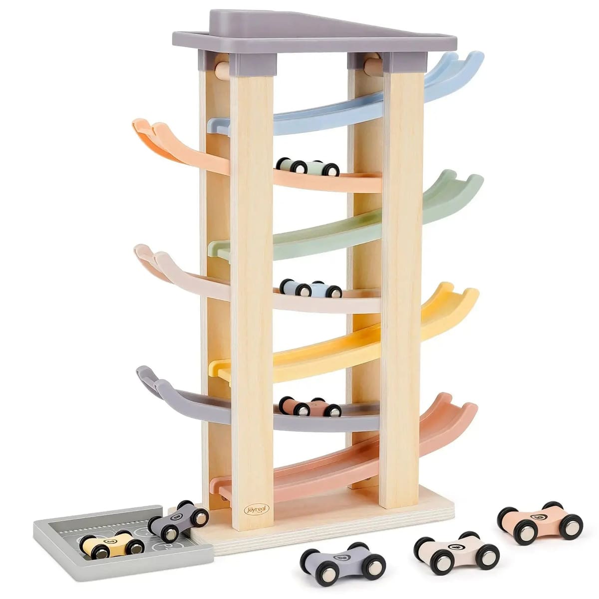 Wooden Car Ramp Racer Toys with 8 Mini Cars & 2 Garages
