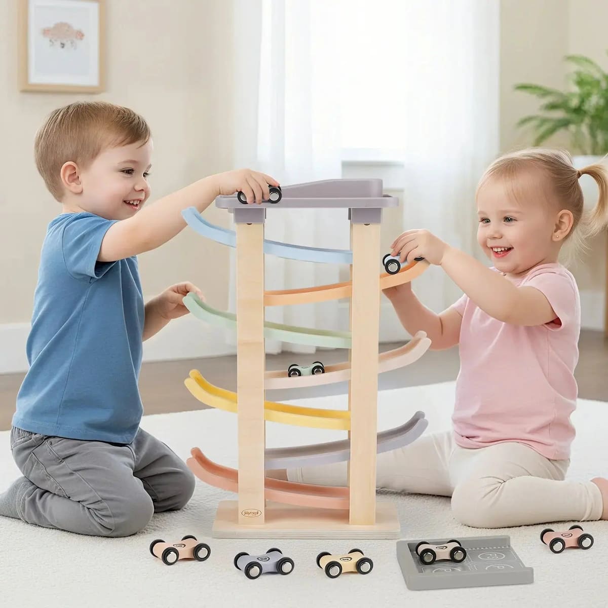 Wooden Car Ramp Racer Toys with 8 Mini Cars & 2 Garages