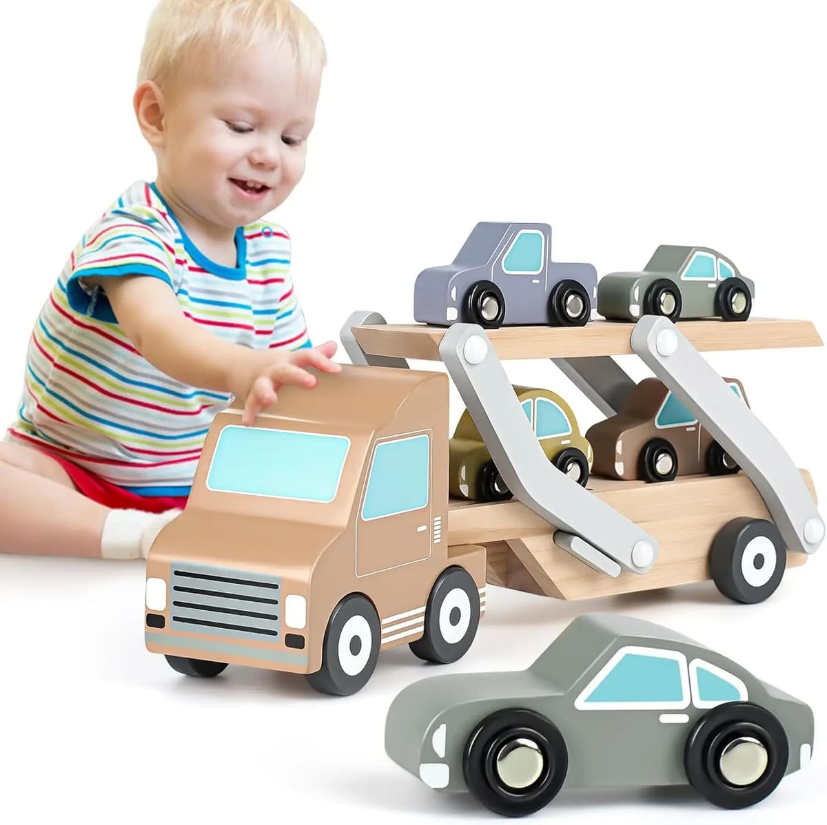 Wooden Car Transporter Toy with 4 Cars - Toddler Toy for 2-3 Year Olds