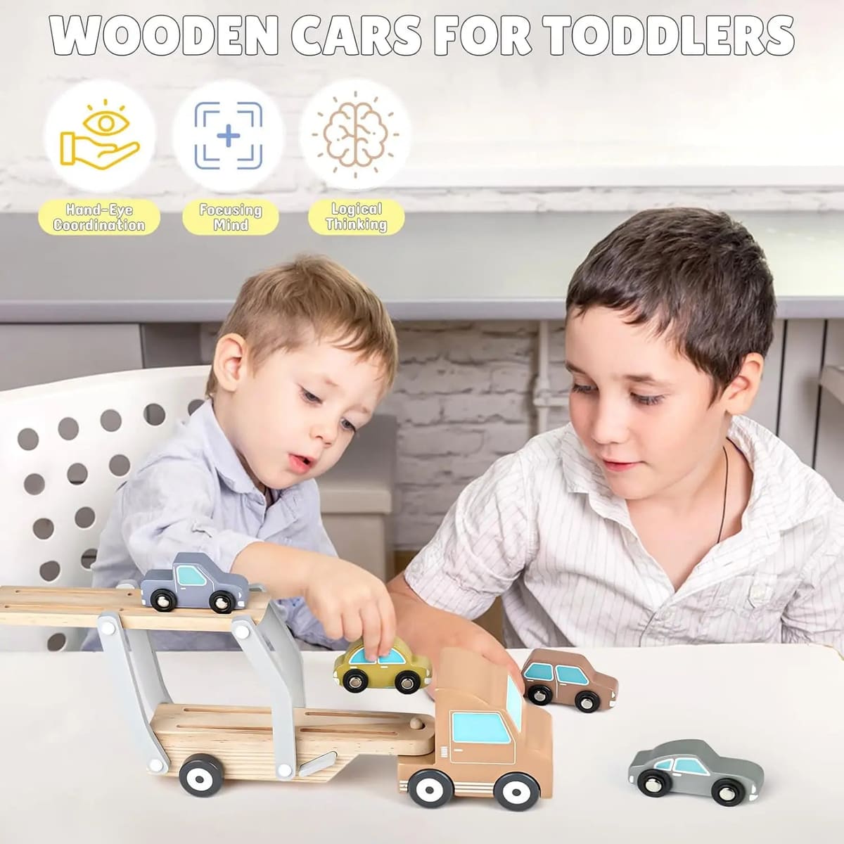 Wooden Car Transporter Toy with 4 Cars - Toddler Toy for 2-3 Year Olds