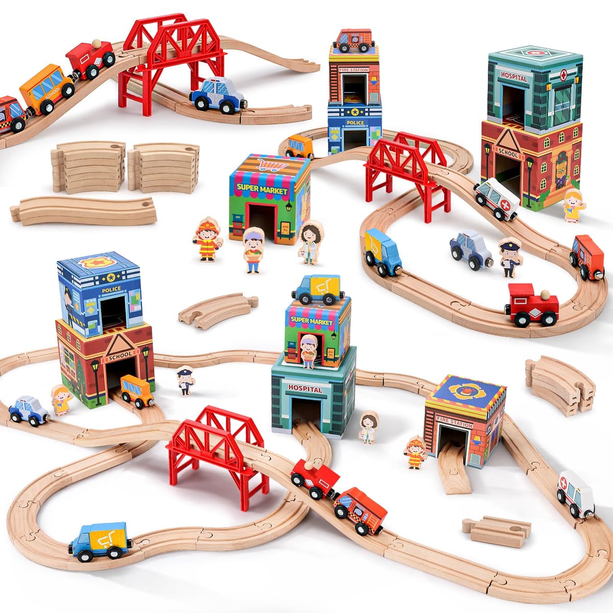 Wooden Train Tracks Car Toys Set for Toddlers - City Railway Adventure