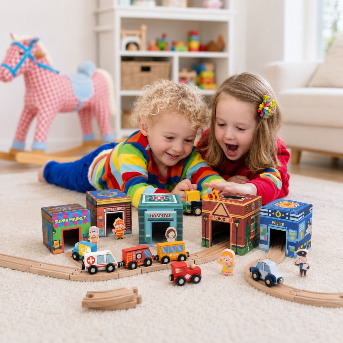 Wooden Train Tracks Car Toys Set for Toddlers - City Railway Adventure