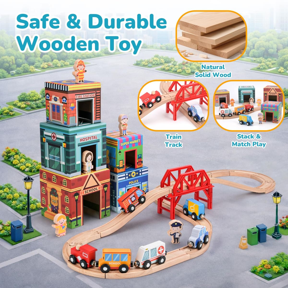Wooden Train Tracks Car Toys Set for Toddlers - City Railway Adventure
