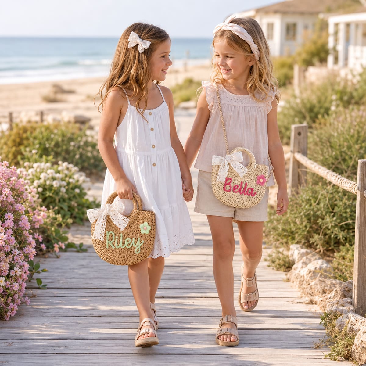 MamaRaya Personalized Kids Straw Beach Bag