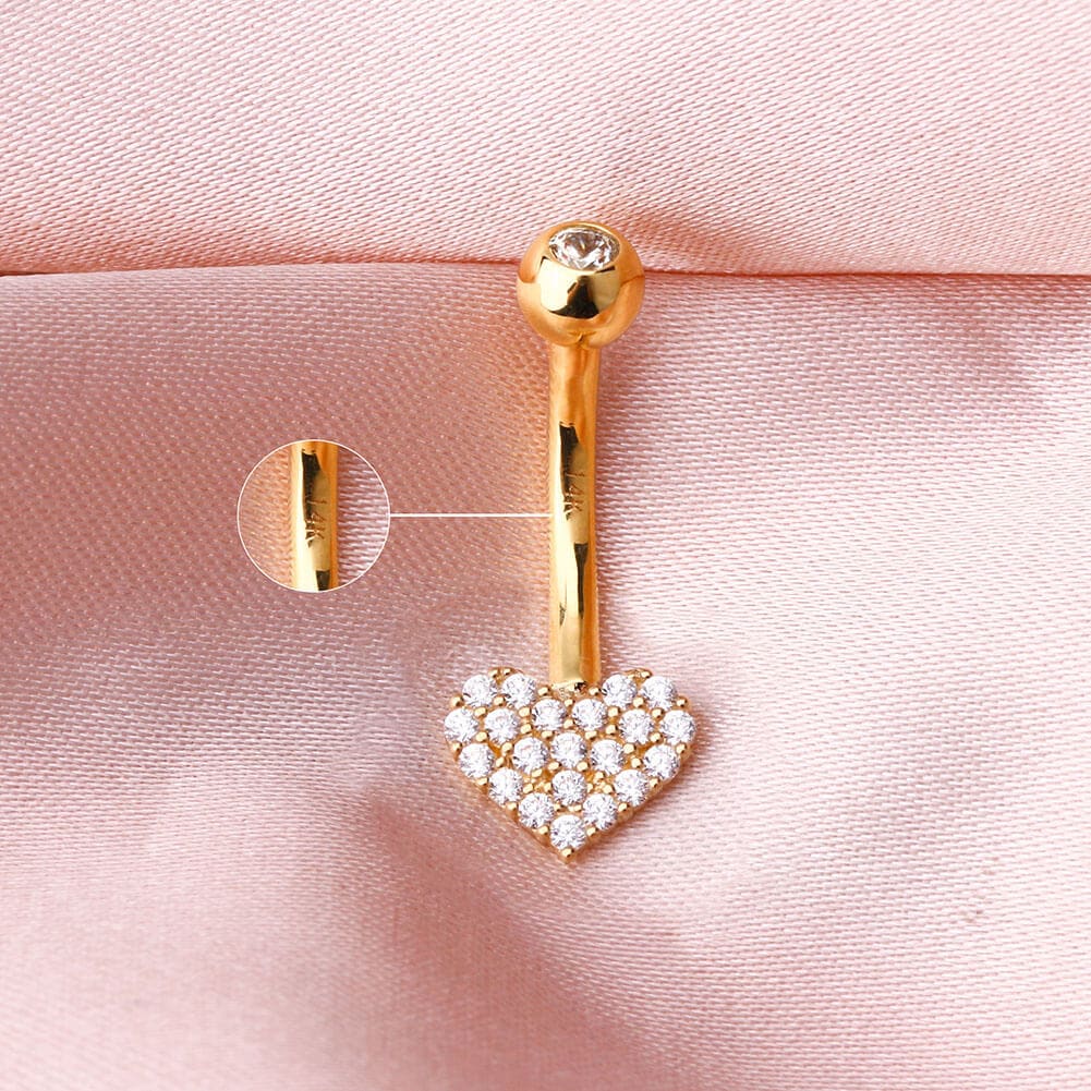 14K Gold Clear Heart CZ Belly Ring
