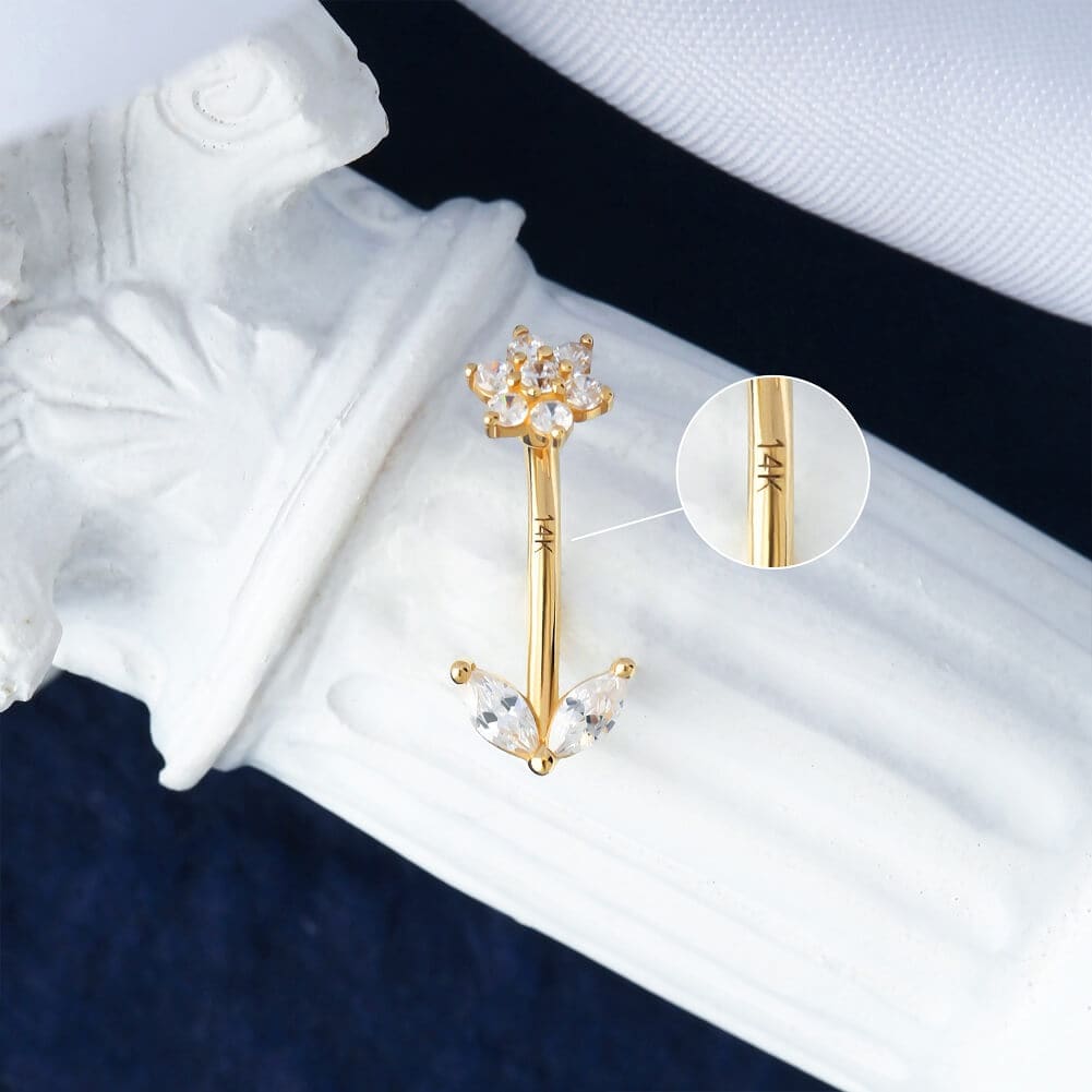 14K Gold CZ Flower Leave Rook Earring