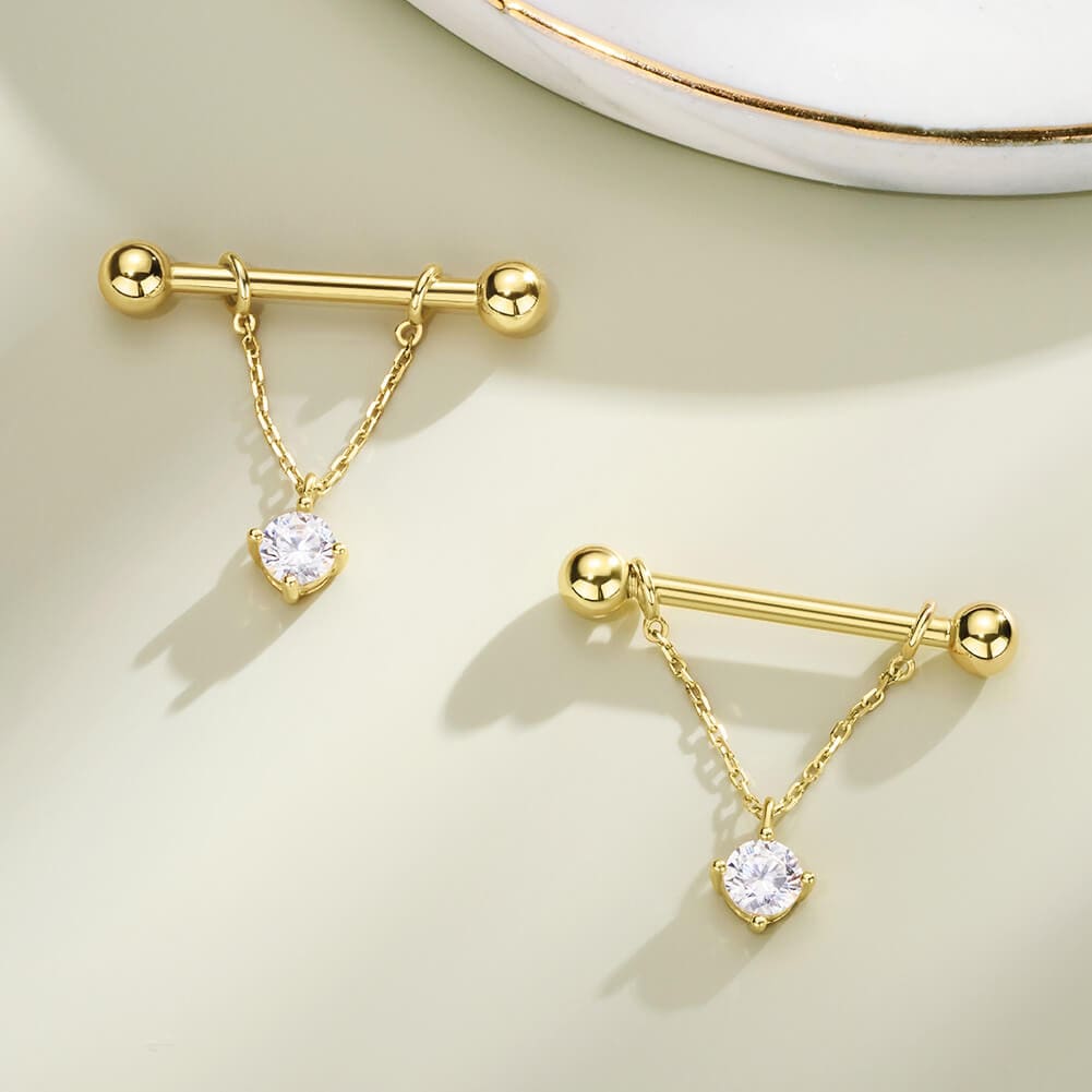 14K Gold CZ Removable Dangle Nipple Ring