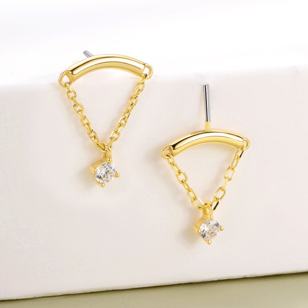 14K Gold Dangle Chain CZ Threadless Earring