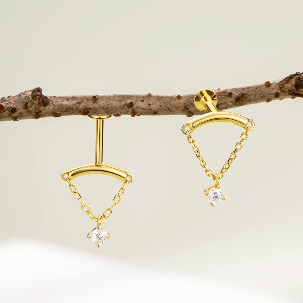 14K Gold Dangle Chain CZ Threadless Earring