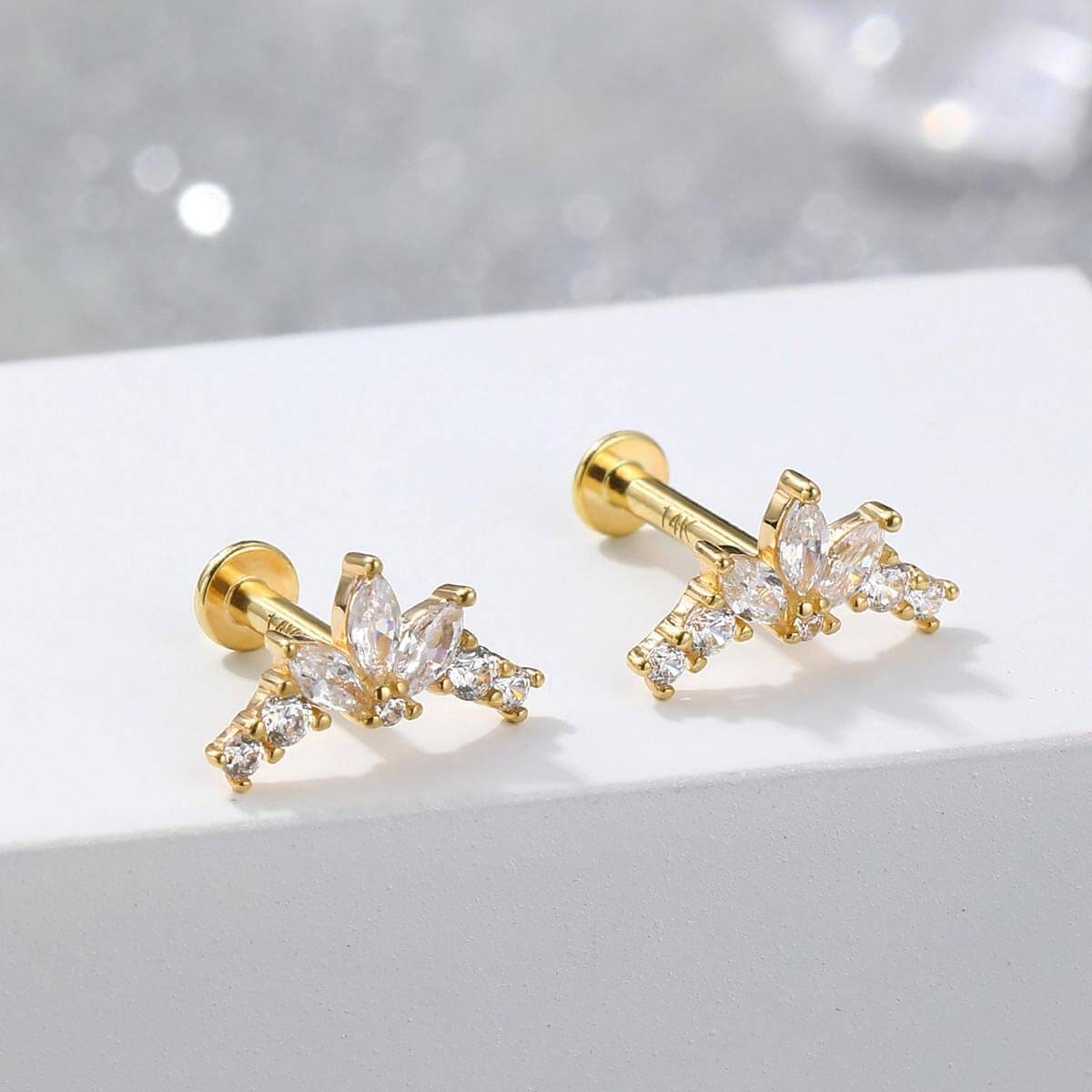 14K Gold Flower Petal CZ Labret Stud