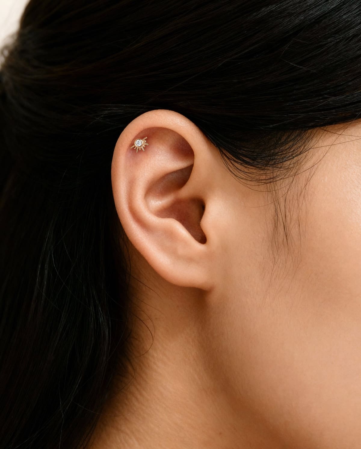 14K Solid Gold Sunburst Moissanite Helix Stud