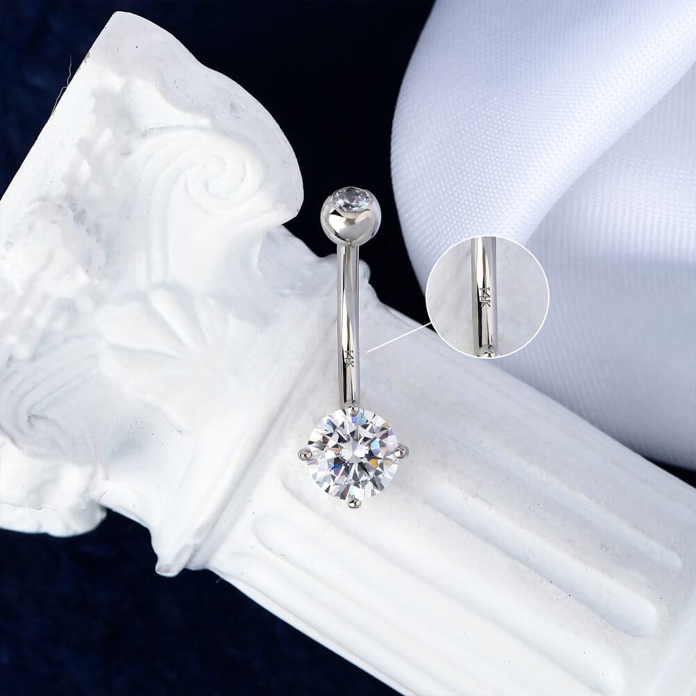 14K White Gold Round CZ Belly Ring