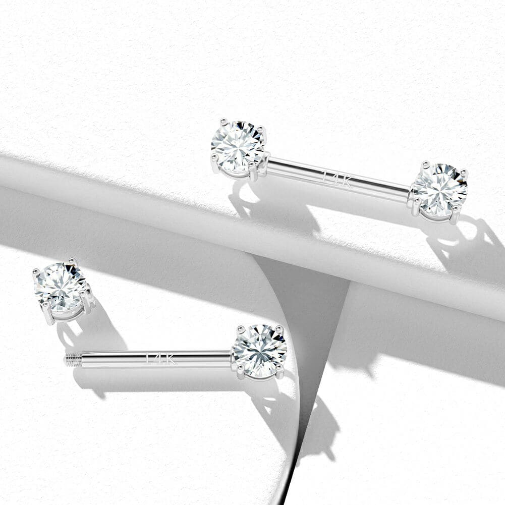 14K White Gold Round CZ Nipple Ring