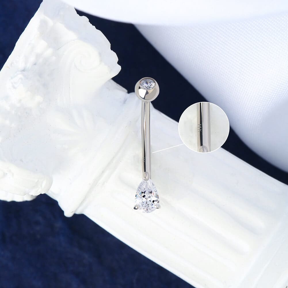 14K White Gold Teardrop CZ Belly Ring
