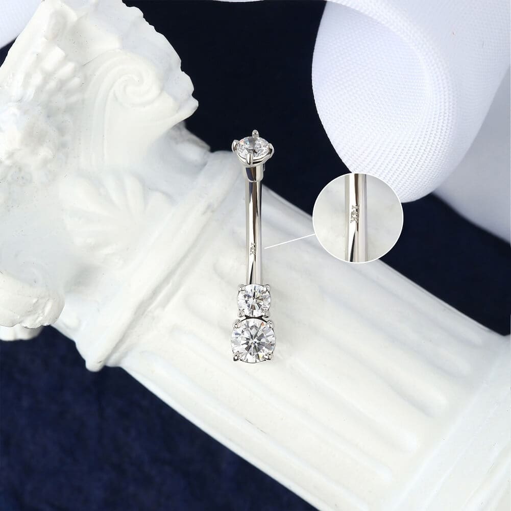 14K White Gold Three Round CZ Belly Ring