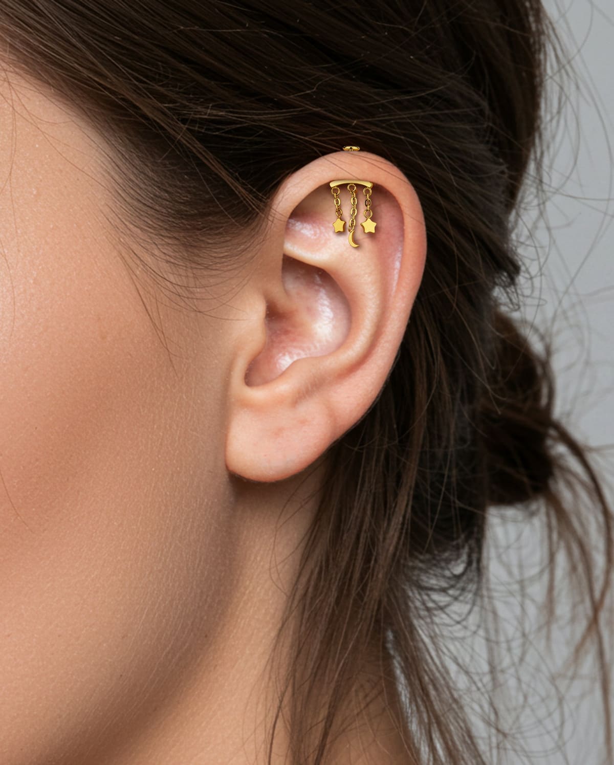 Star & Moon Chain Threadless Vertical Helix Stud