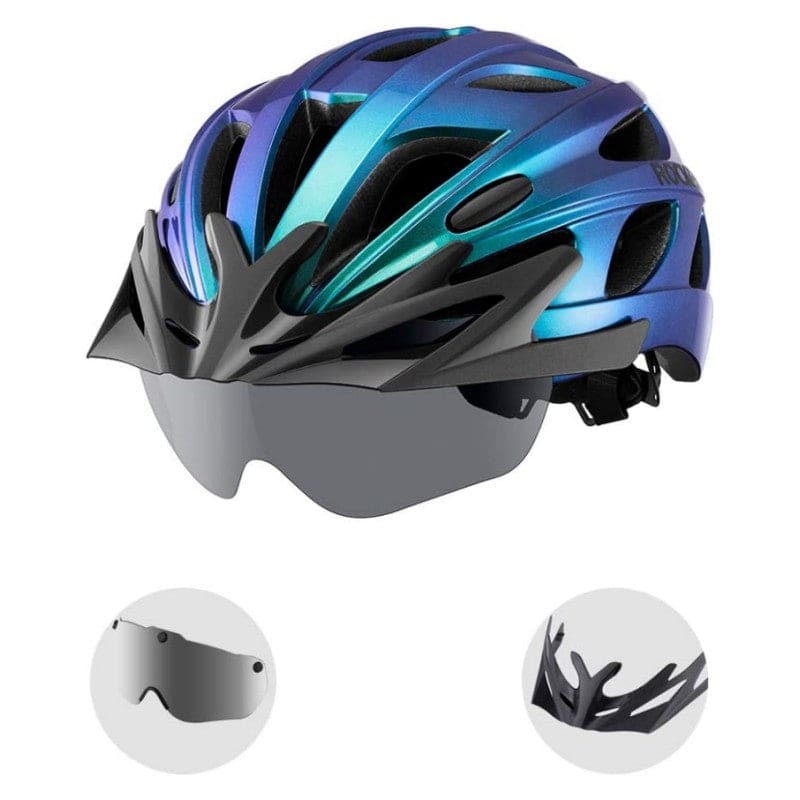 ROCKBROS Lightweight Cycling Helmet with Removable Goggles Sun Visor - Chameleon Blue / L