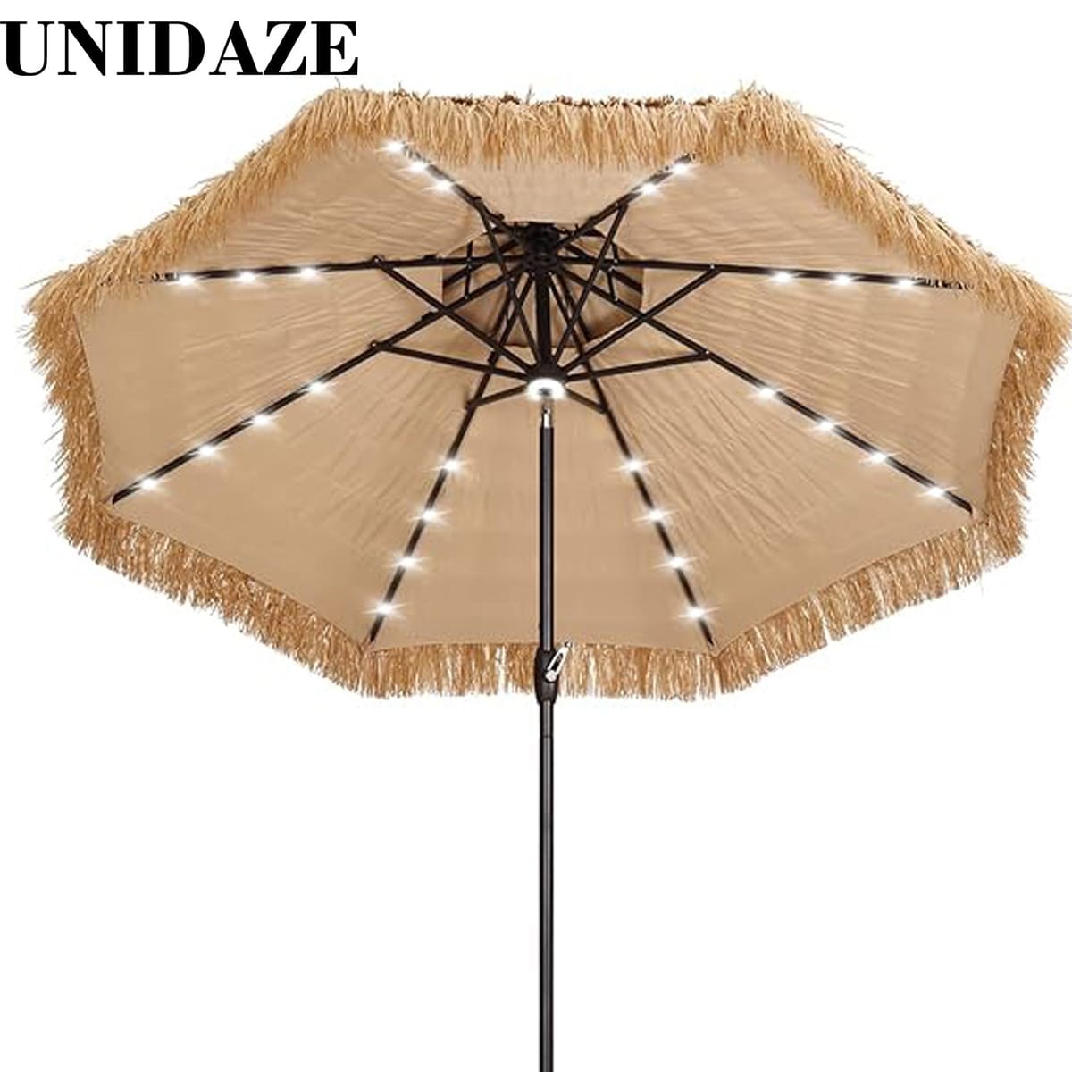 UNIDAZE 9FT Double Tiers Solar LED Lights Thatched Hawaiian Tiki Umbrella, Outdoor, Pool, Patio, Beach, Yellow - With Central Lights